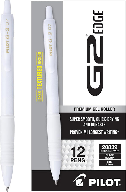 PILOT, G2 Premium Gel Roller Pens, G2 Edge White, Sensory Writing Experience, 12ct box, Fine Point 0.7 mm