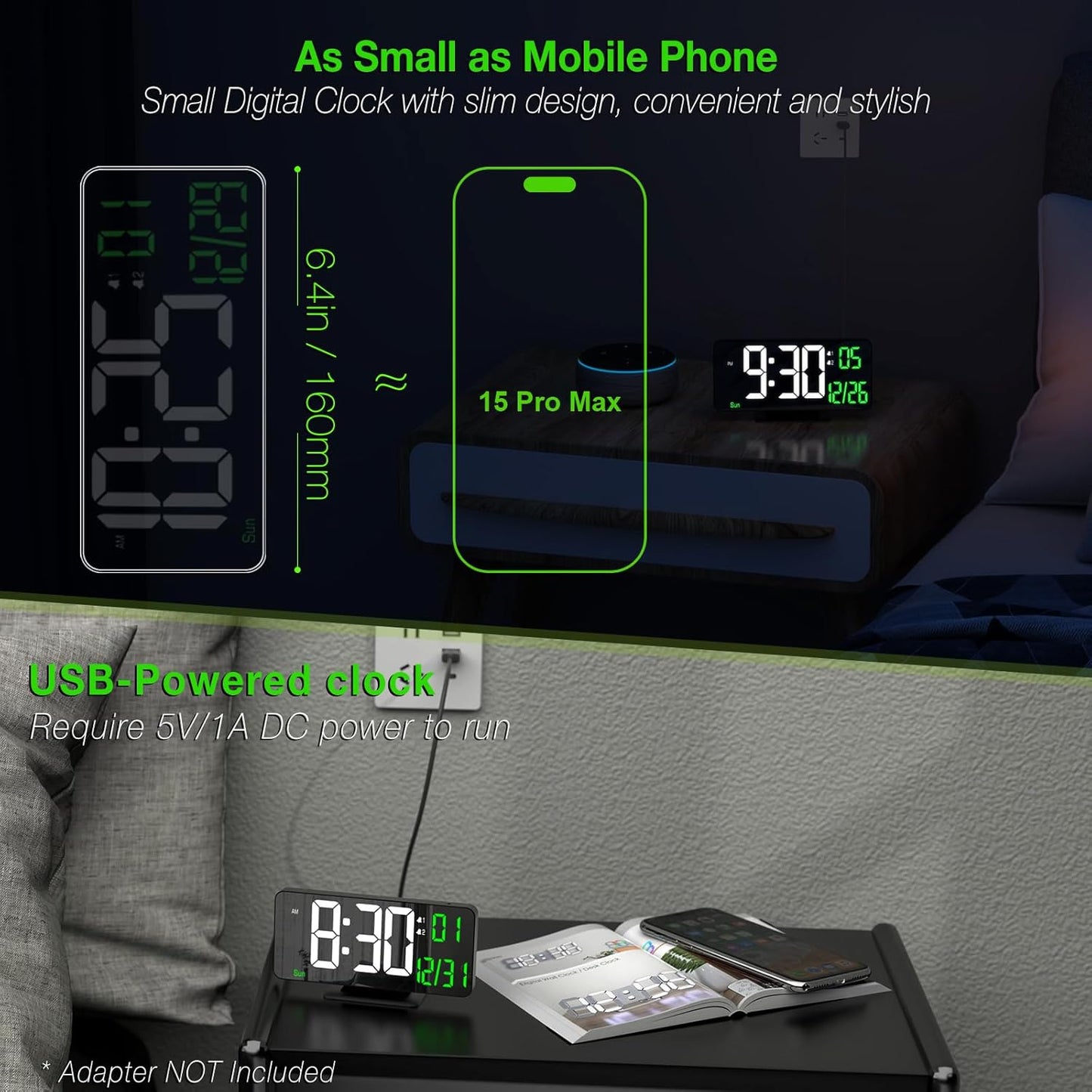 KOSUMOSU Desk Clock 6.7in Black Digital Alarm Clock with Dual Alarm, Dimming, Date, Day of Week, Temp, 12h 24h, Digital LED Clock for Table Decor, Digital Calendar Mirror Clocks Essentials