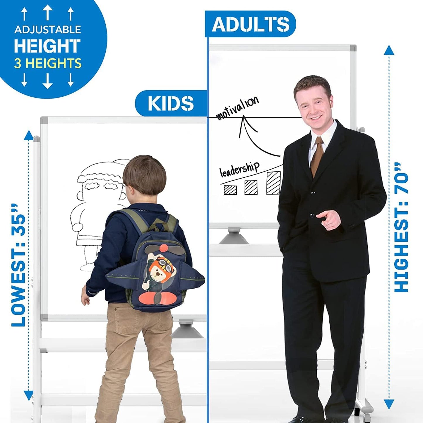 Large Dry Erase Board 48 x 36 Magnetic Non-Foldable Whiteboard with Stand Portable Mobile Rolling Double Sided with Wheels for Office Home Classroom