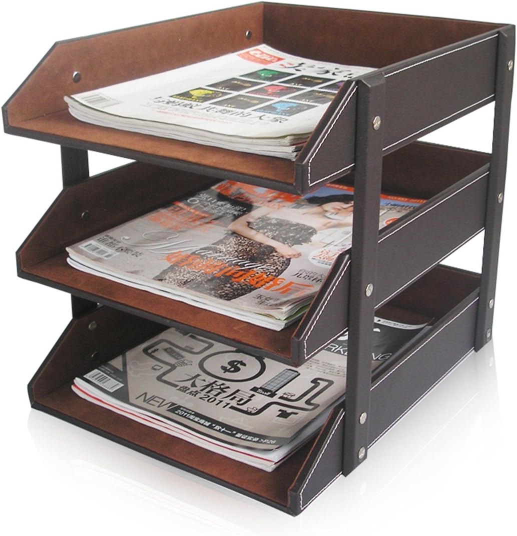 KINGFOM Pu Leather Desk Organizers and Accessories, 8 PCS/SET Office Supplies Organization with Magazine Files Holder, Stackable Paper Tray, Desktop Organizers with Drawer for Home Office School Brown