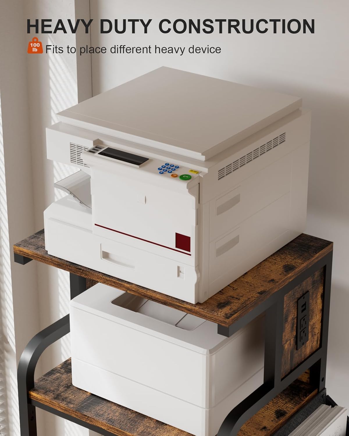 Tall Printer Stand with Storage Adjustable Shelf and Bag, 4-Tier Large Printer Table with Charging Station for Home Office, Printers Cart with Wheels for 3D Shredder Scanner Fax