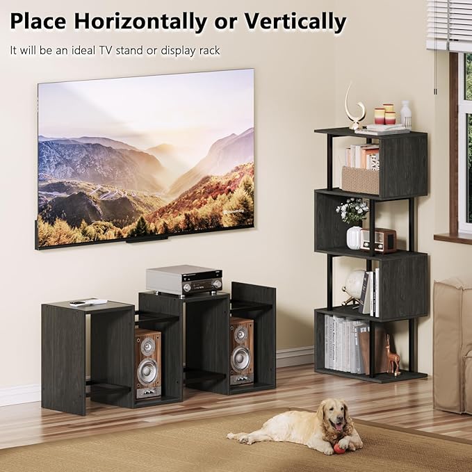 Furologee Geometric Bookshelf 5 Tier Bookcase, Industrial S-Shaped Display Storage Shelf for Small Space, Tall Metal Wood Decorative Standing Shelves for Bedroom, Living Room, Office, Black Oak