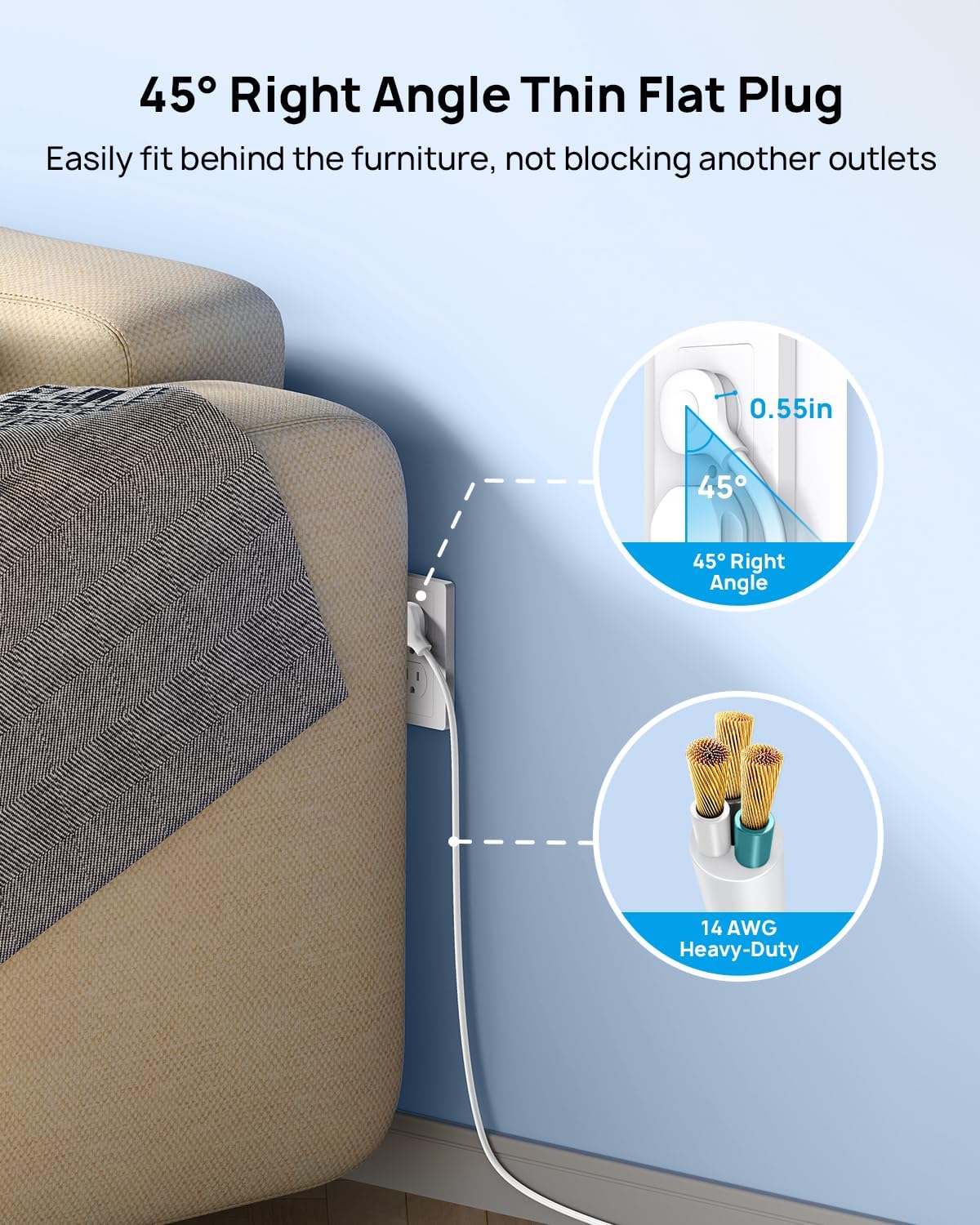 TROND Surge Protector Power Strip 15 ft, Flat Plug Extension Cord, 13 Wide Spaced Outlets, 4000 Joules, 32W Quick Charge 3.0 & USB C, Wall Mount, Under Desk, Heavy Duty, Mountable, ETL Listed, White