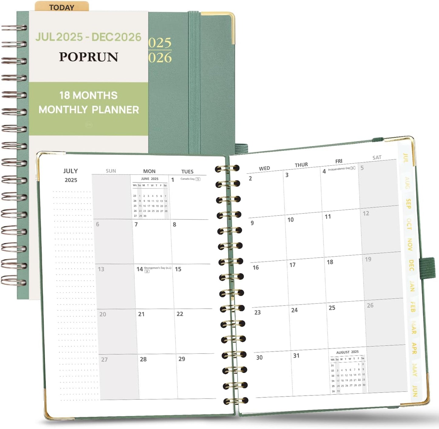 POPRUN Monthly Planner 2025-2026 Spiral Hardcover (6.25'' x 8.5''), 18 Months Calendar (Jul.2025 - Dec.2026)- 2 Pages per Month with Dotted Note Pages, Sunday Start, Laminated Tab - Midnight Green