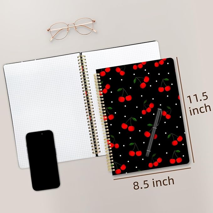 Cute Spiral Notebook journal A4 Aesthetic Pretty Design for Women Girls Kawaii with Pocket, 8.5 x 11 inch, Graph, Cherry