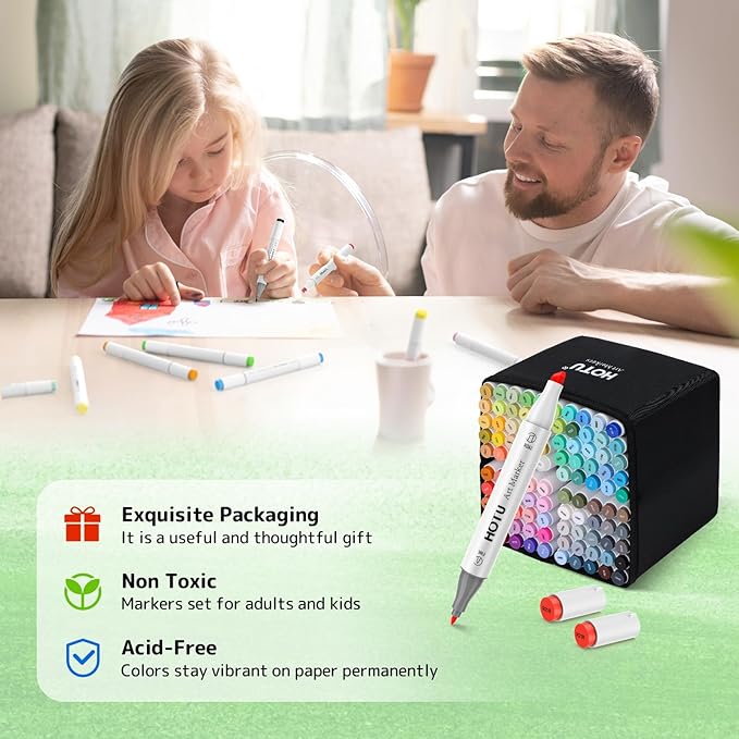 Alcohol Markers, [Beginner Preferred] 100 Vibrant Colors & Dual Tips Art Markers for Kids/Adult Coloring, with Pro Ink, Seamless Blend, Non-Bleeding Pad, & Color Card, for Amateurs/Artists