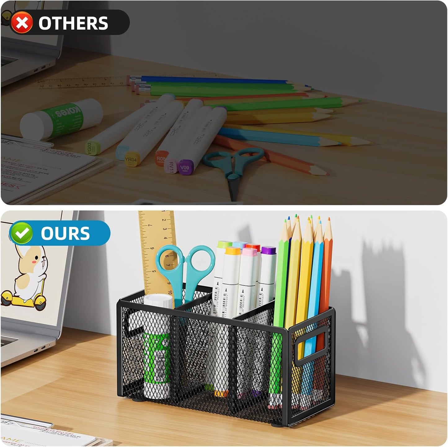 Marbrasse 2P Mesh Pen Holder for Desk,Pencil Holder Desk Organizer 3 Adjustable Compartments,Pencil Cup with Handle Perfect for Classroom, Office, Home,Makeup,Art (Black)