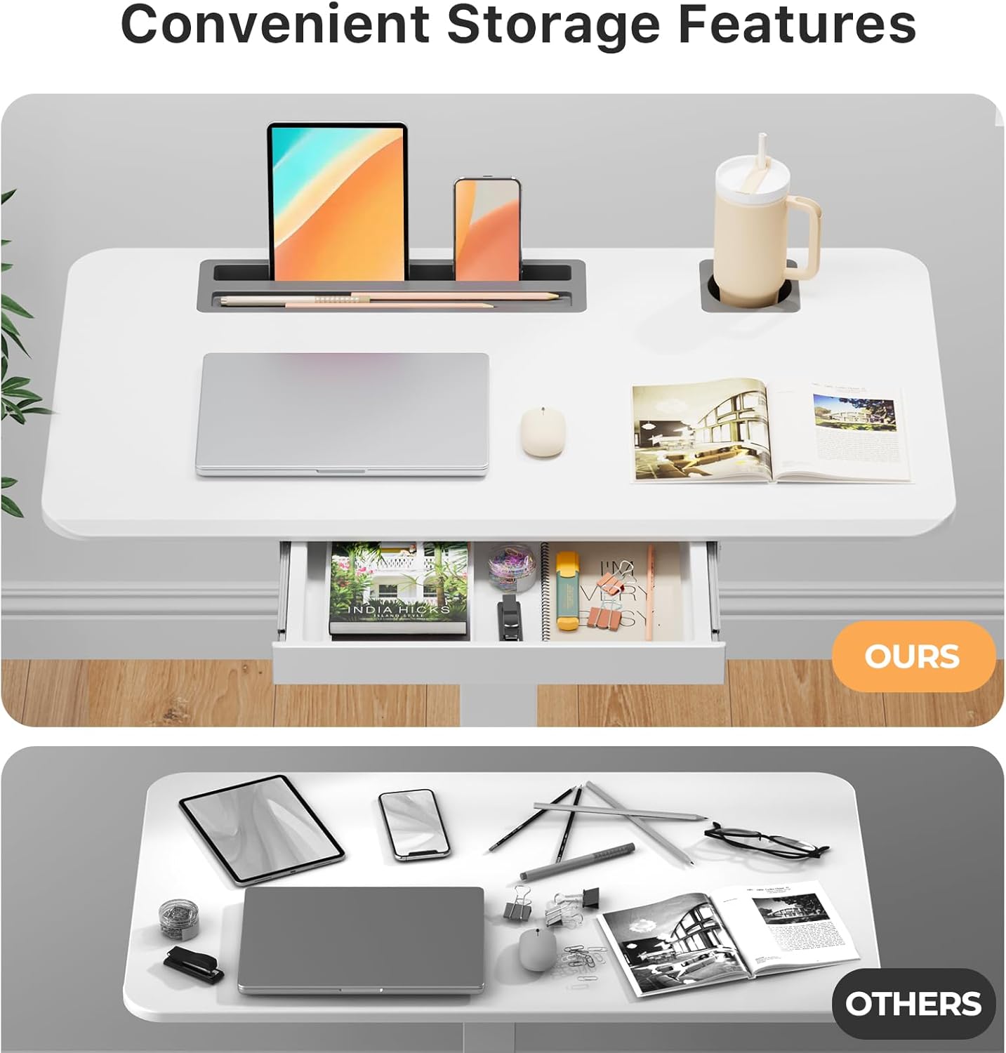 Mobile Standing Desk with Drawer, 35" Small Standing Desk with Cup Holder, Rolling Laptop Desk on Wheels, Height Adjustable Desk with Storage for Home Office, White