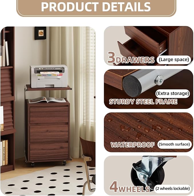 JOMEED 3 Drawer File Cabinet with Extended Desktop Lockable Wheels Under/Beside Desk Storage and Organizer Cabinet for Home Office, Small Rolling File Chest, Printer Stand, Modern Style, Walnut, Large