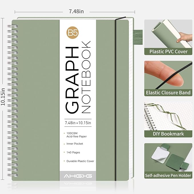 AHGXG Graph Paper Notebook - Spiral Notebook Journal 7.6" x 10", B5 Large Graph Notebook, 140 Pages, 100 gsm Thick Grid Paper, Waterproof Plastic Cover, for School Writing Engineering, Sage Green
