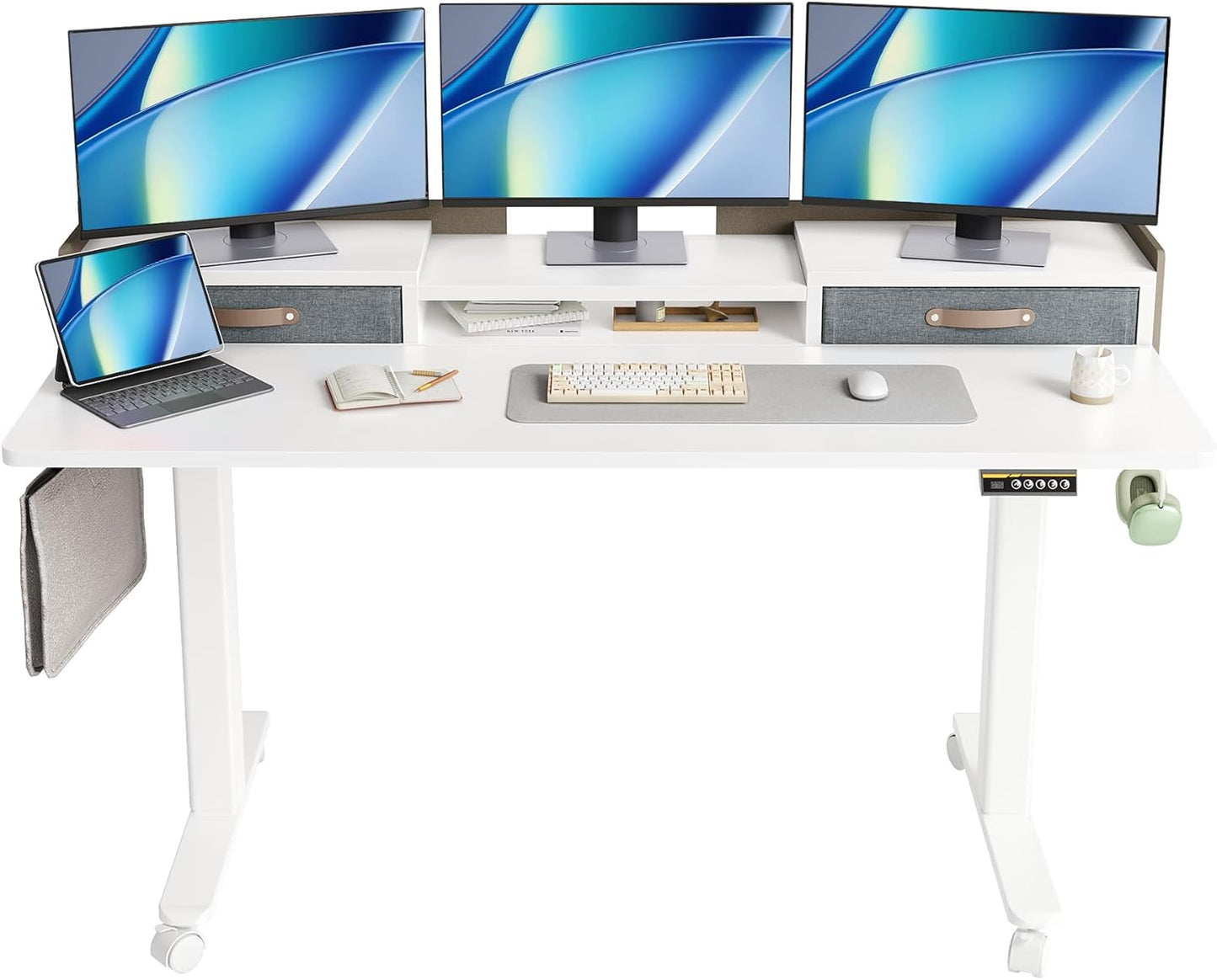 YDN Electric Standing Desk with Drawers, Adjustable Height Stand Up Desk, 59 inch Electric Sit Stand Computer Desk for Home Office, White