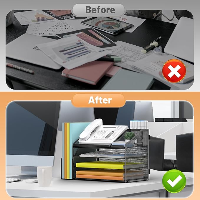 DocNest 4 Tier Paper Letter Tray File Organizer, Mesh Desk File with Handle, Workspace Desk Organizers with Pen Holder, Office Organization Storage Accessories - Black