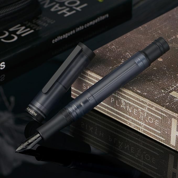 Asvine V200 Titanium Fountain Pen Vacuum Filling, Matte Black Medium Nib Clear Demonstrator Acrylic with Pen Case and Wrench