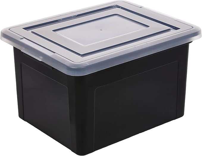 IRIS USA File Box, Plastic File Organizer with Lids for Letter/Legal File, Portable Document Box For Moving, Storage Bin with Durable and Secure Lid, Stackable Nestable BPA-Free, Black 35 Qt. 4 Pack