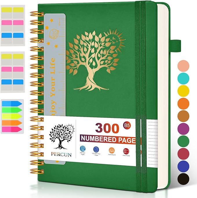 Large Spiral Notebook Journal for Women Men - 300 Numbered Lined Pages, College Ruled,B5 Hardcover Spiral Bound Notebook for School, Work, Note Taking, Writing, Leather Spiral Journal 7"x10"