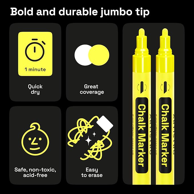 ARTISTRO 2 Yellow Liquid Chalk Markers - Erasable Chalk Pens with 6mm Reversible Tip for Blackboard, Chalkboard, Car Window, Glass - Ideal for China Markers, Restaurants & Bistro