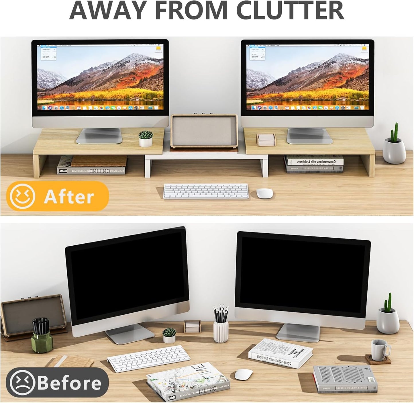 TAVR Dual Monitor Stand Riser, Computer Monitor Stands for 2 Monitors, Extra Long Multifunctional Desktop Organizer Riser for Computer, Laptop, PC, Printer, TV, Max 48.2" Length, Oak