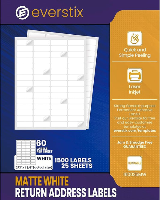 2/3" x 1-3/4", 25 Sheets, 1500 Return Address Labels for Laser & Inkjet Printers, Permanent Adhesive, Letter Size