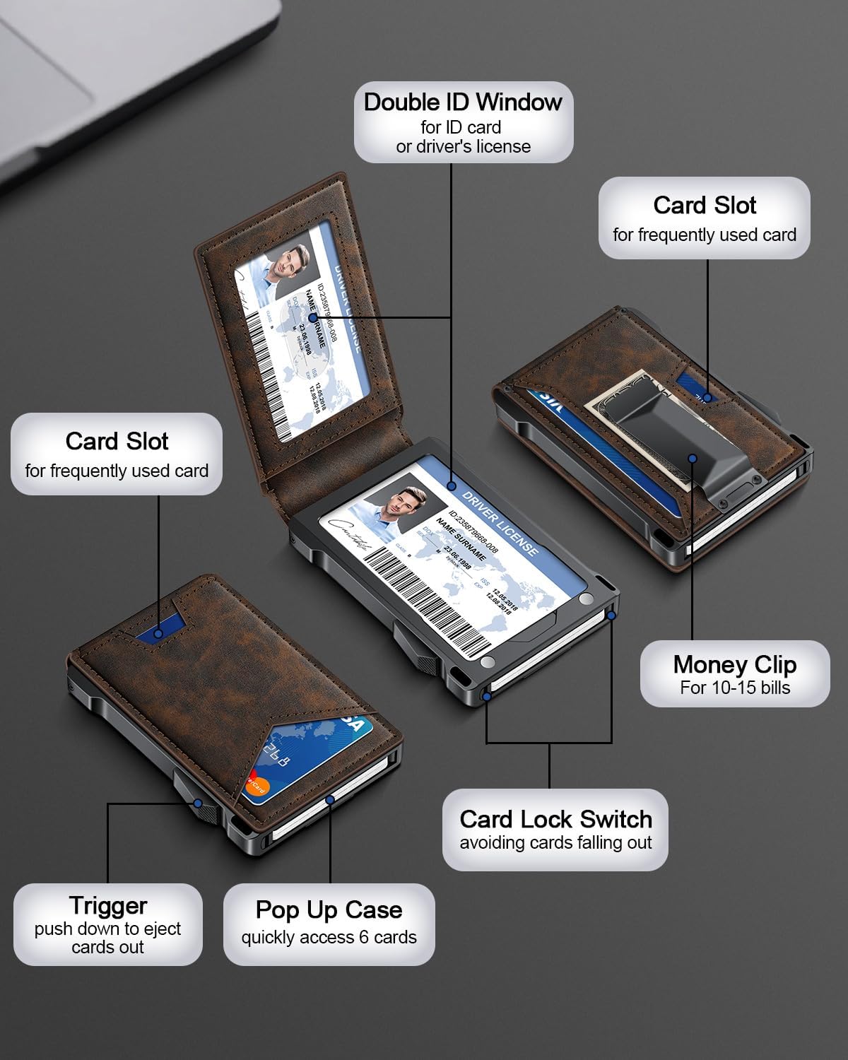 Wallet for Men RFID Wallet with 2 ID Windows & Money Clip, Slim Pop Up Card Holder for 10-12 Cards, Bifold Minimalist Smart Wallet for Front Pocket, Compact Metal Credit Card Holder, Gifts for Men