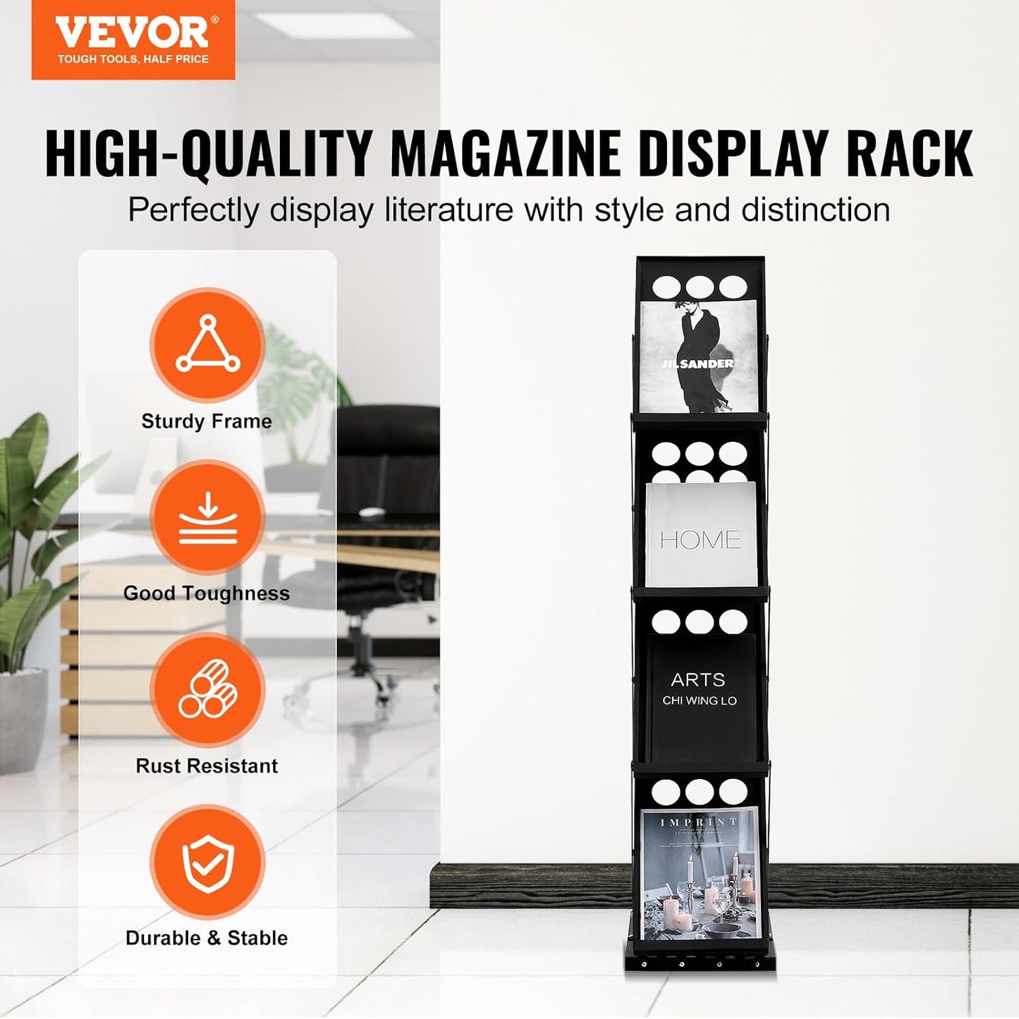 VEVOR Foldable Magazine Display Rack, 4-Tier Brochure Literature Display Stand, Portable Catalog Brochure Holder Stand with Carrying Bag for Office Trade Show Exhibitions, 4 Pockets