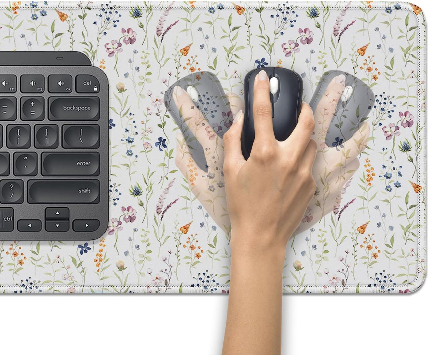 Wildflowers Flowers Mouse Pad,Large White Floral Mousepad Desk Pad with Stitched Edges,Non-Slip Waterproof Rubber Base Mouse Mat for Office Computer Keyboard Laptop Home(27.5x11.8 in)