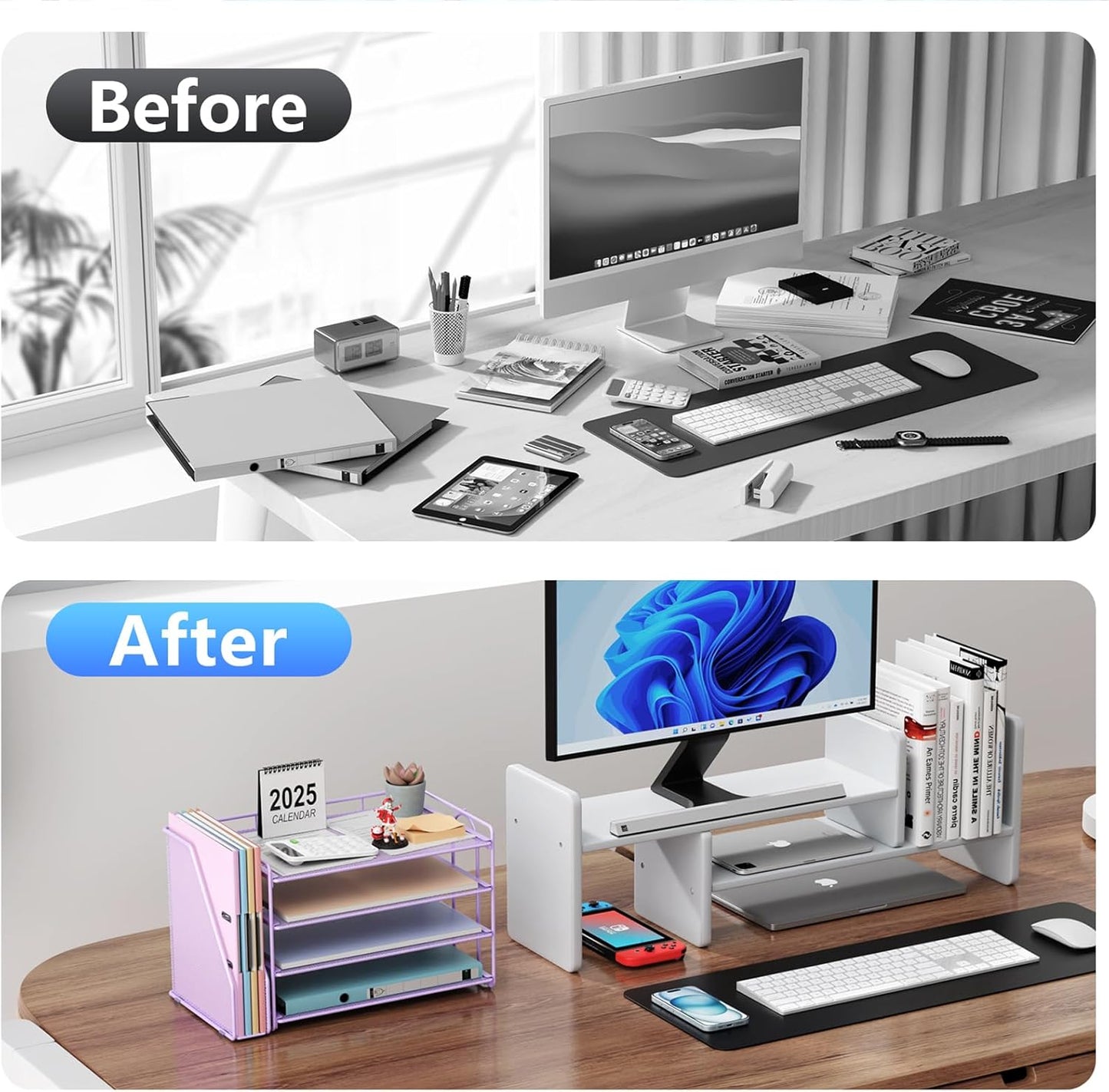 gianotter 4-Tier Paper Organizer With Magazine Holder, Desk Organizers and Accessories, File Organizer for Office Supplies Storag (Purple)