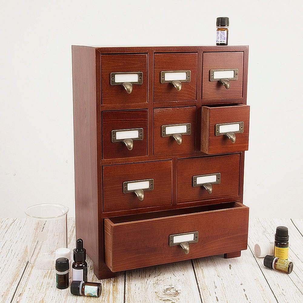 Apothecary Drawers Wooden Apothecary Cabinet with Drawers & Labels Rustic Library Card Catalog Cabinet Wooden Storage Box Desktop Organizer Herbal、Tea Bag、Jewelry Storage(Brown)