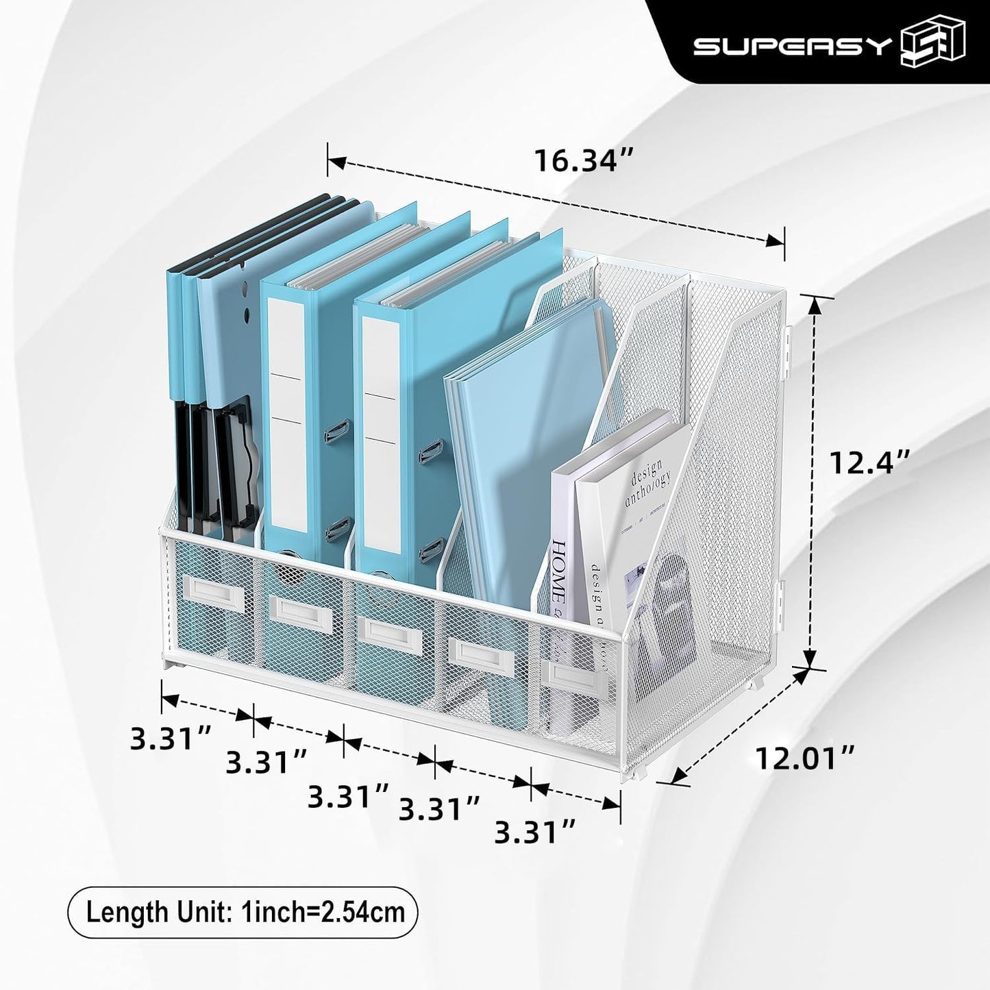 SUPEASY Desk Organizers Metal Desk Magazine File Holder with 5 Vertical Compartments Rack File Organizer for Office Desktop, Home Workspace, White Plus