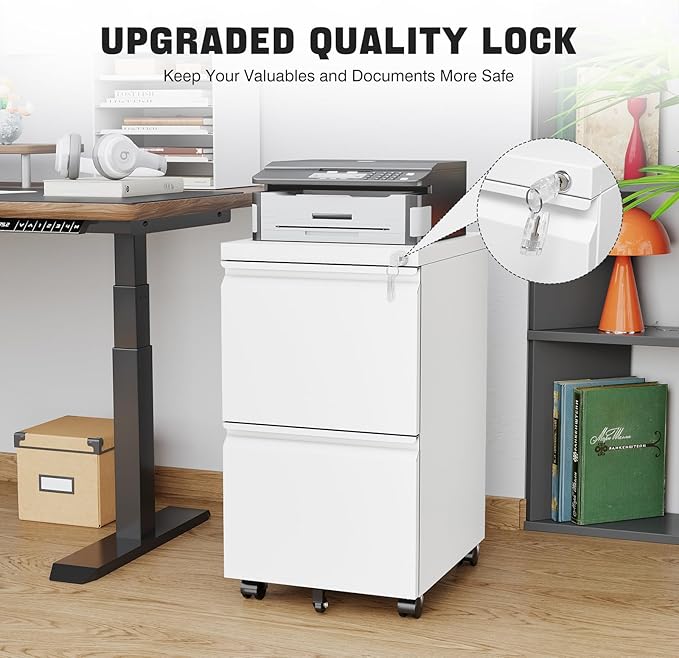 Mobile File Cabinet with Lock Steel Small Rolling 2 Drawer File Cabinet Legal/Letter/A4 Size Under Desk Metal Filing Cabinet for Home Office Vertical Filing Cabinet Printer Stand Assembly Required