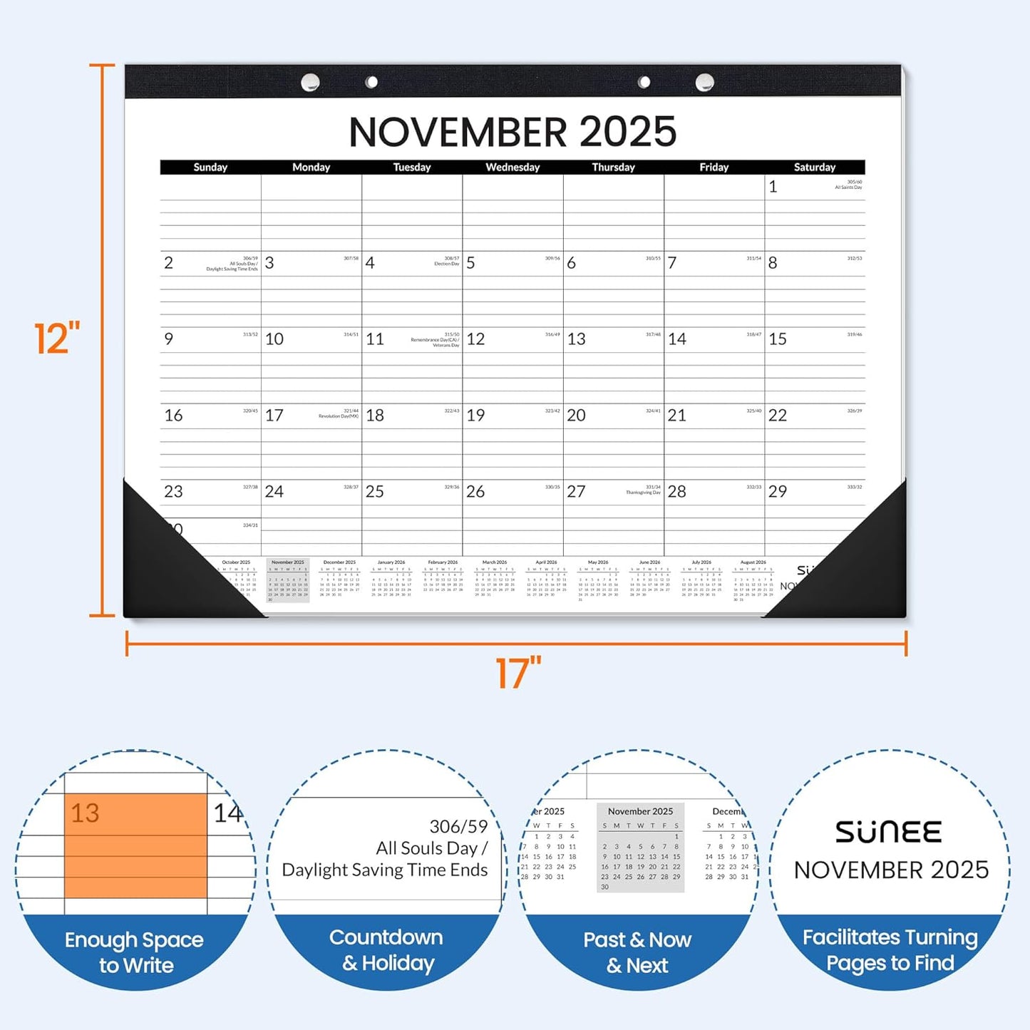 SUNEE Desk Calendar 2025-2026, 18 Months from Oct. 2025 to Mar. 2027, 17"x12" Academic 2026 Calendar for Home, School, or Office Desk Top Organizing, Black Monthy Calendar 2026