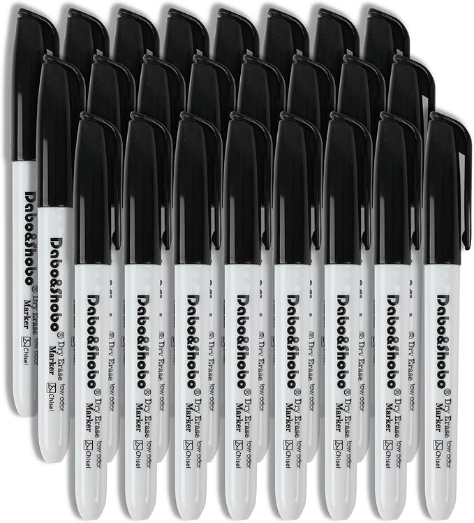 Dabo&Shobo Dry Erase Markers 24 Pack, Low Odor Black Whiteboard Markers, Chisel Tip, Perfect for Writing on Whiteboard Mirrors Glass In School, Office&Home…