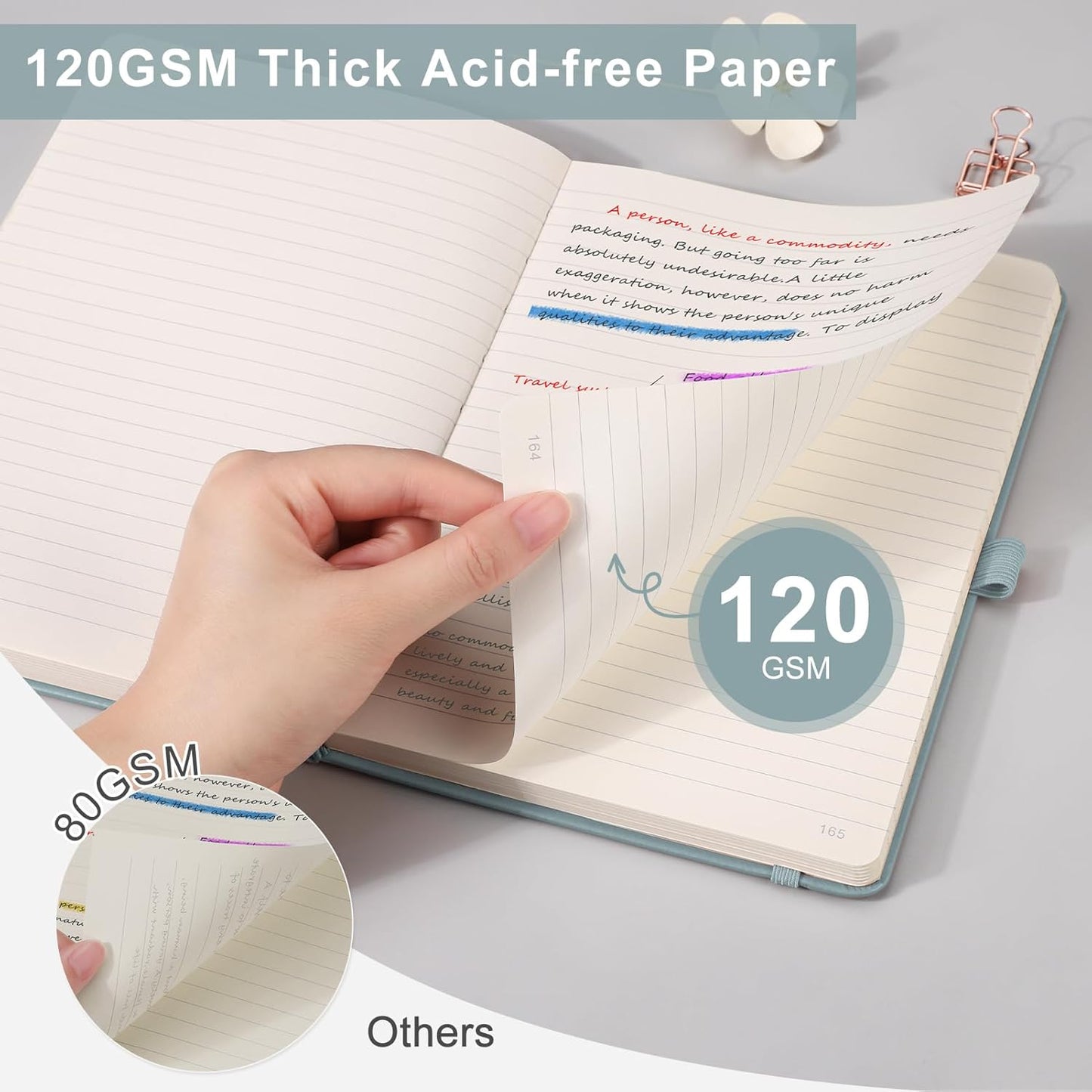 EMSHOI Lined Journaling Notebook - 120gsm Leather Journal with Sticky Notes & 256 Numbered Pages, A5 Hardcover College Ruled Notebook for Work, School, Writing, 5.75”x8.38” - Khaki