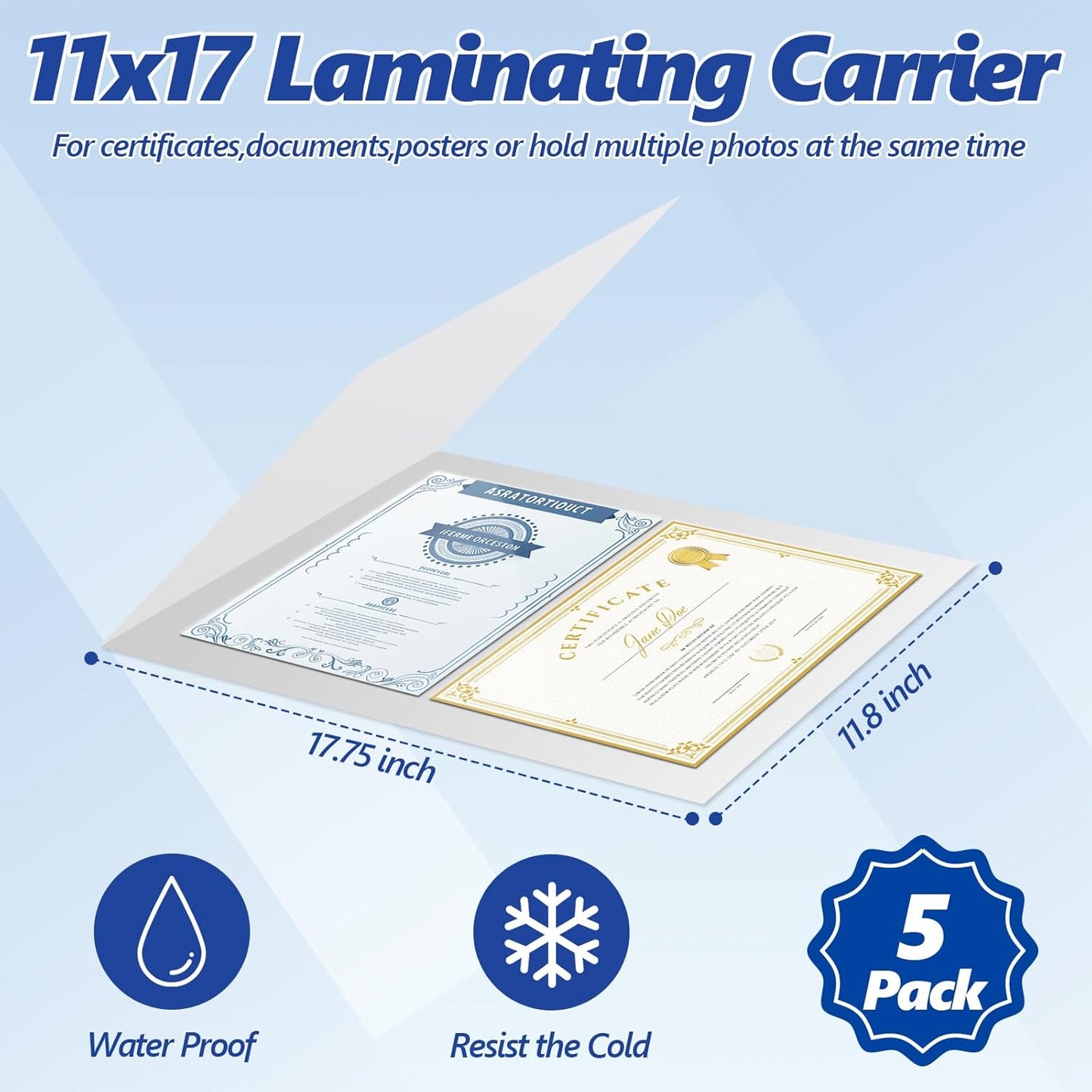 5 Pack ID Card Size Laminator Carrier Sleeve 11.75X17.75 Inch Thermal Laminating Carriers Sheets Protection Thermal for All Brand Laminating Pouches Work Permits Pass Cards Student ID Cards