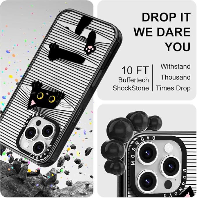 MOSNOVO Case for iPhone 16 Pro Max, [10ft 4X Military-Grade Drop Protection] Durable & Shockproof Phone Case Cover Design for iPhone 16 Pro Max - Hidden Black Cat - Clear Black
