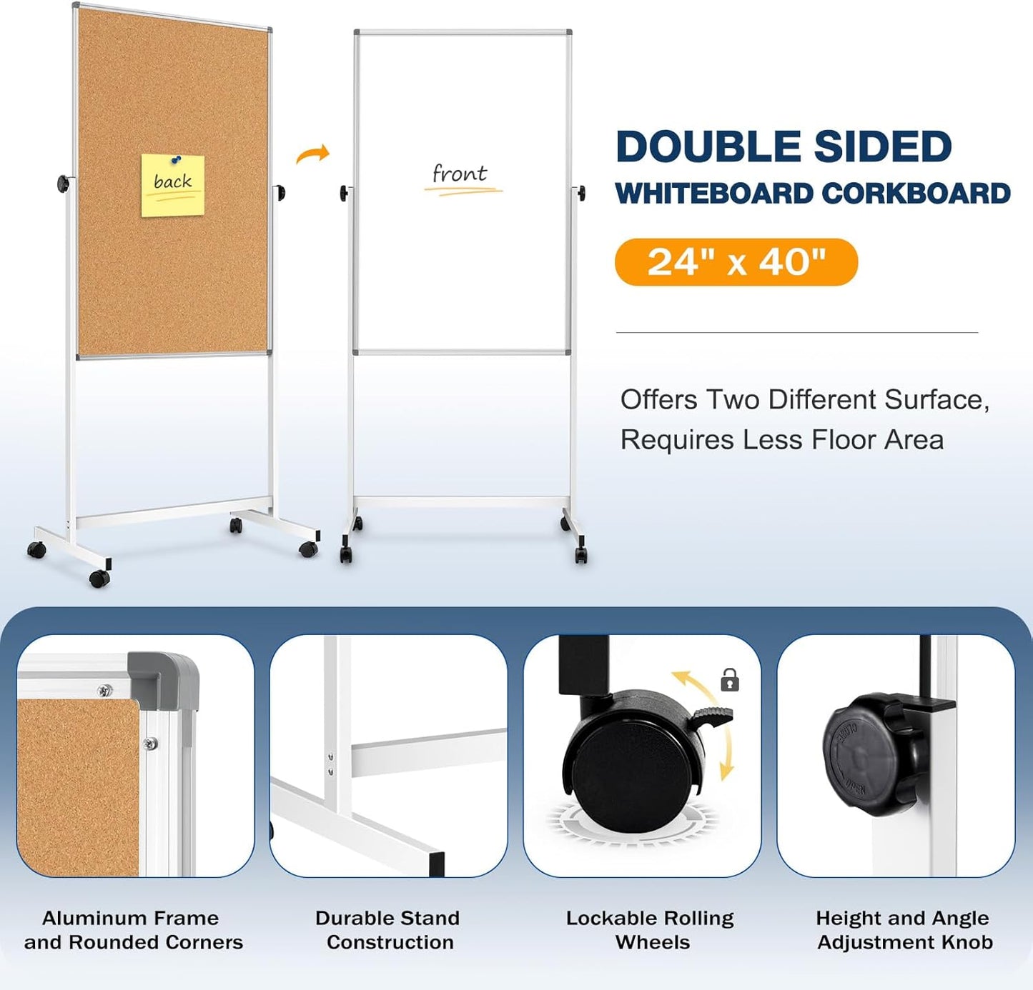 [13 Sq/ft] WALGLASS Rolling Whiteboard & Corkboard Combo with Stand, 24"x40" Reversible Double-Sided White Board Cork Board Combination, Mobile Dry Erase and Bulletin Boards on Wheels
