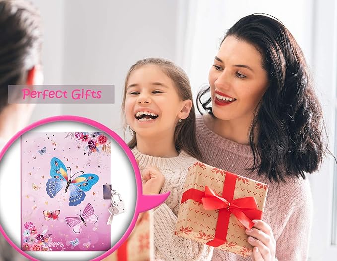 Girls Diary with Lock for Kids, 7x5.25 Inches 160 Lined Pages Secret Pink Butterfly Notebook for Girls Journal with Lock for Kids Pre School Writing Drawing Cute Girls Gifts for Birthday