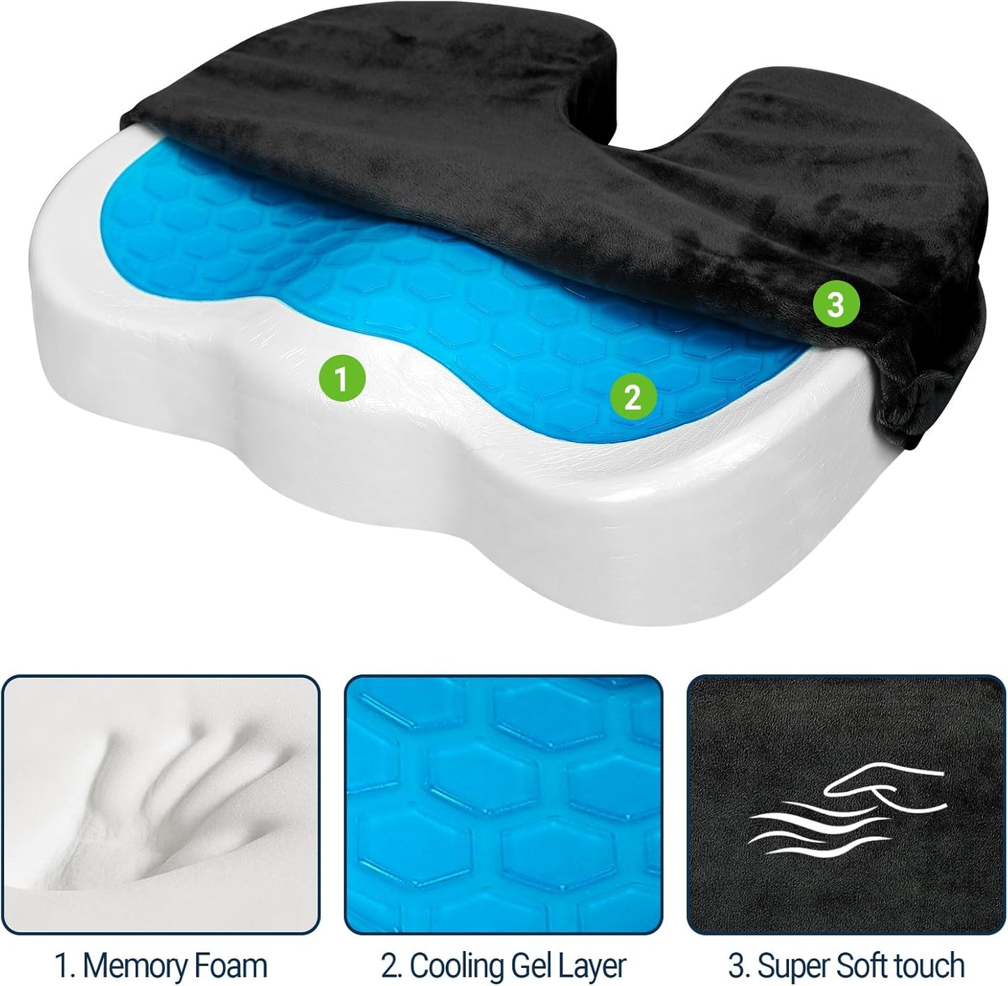 Gel Seat Cushion for Car Office - Memory Foam Pain Relief Chair Pillow Cushions - Tailbone Sciatica Coccyx Butt Lumbar Support Pad for Sitting Driving Traveling, Velvet, Black