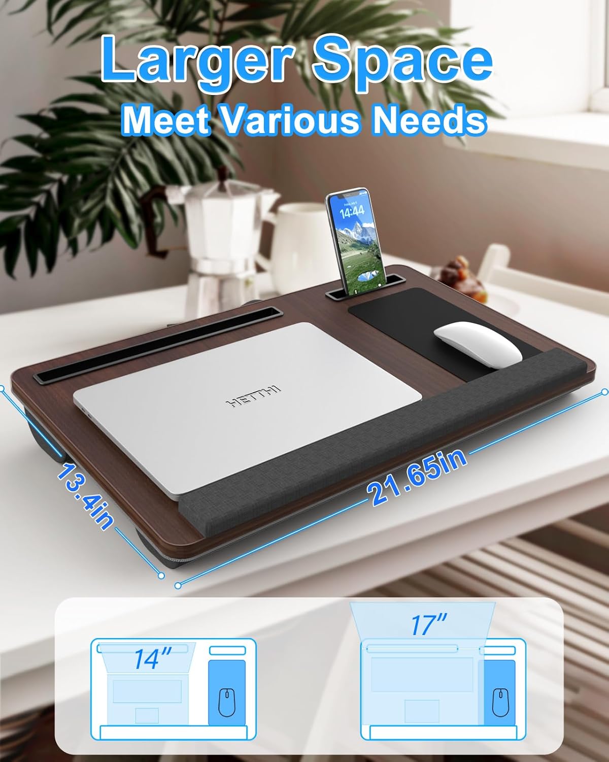 Laptop Lap Desk, Portable Large Laptop Desk for Bed, Up to 17 in Lap Table with Wrist Rest, Mouse Pad, Tablet Phone Slot, Portable Handle, Lap Tray with Cushion (Dark Brown)