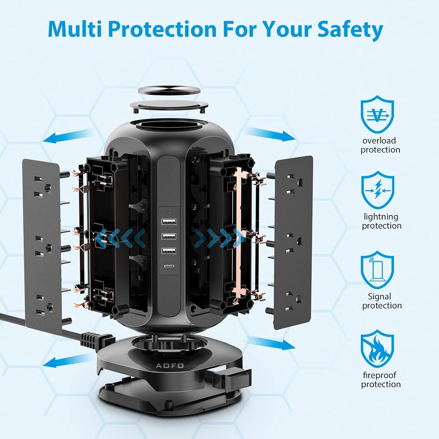 Power Strip Tower AOFO Surge Protector 12 AC Outlets with 4 USB(1 USB C) Ports Charging Station with Overload Protection, Widely Spaced Multiple Outlets with 10Ft Extension Cord for Home,Dorm & Office