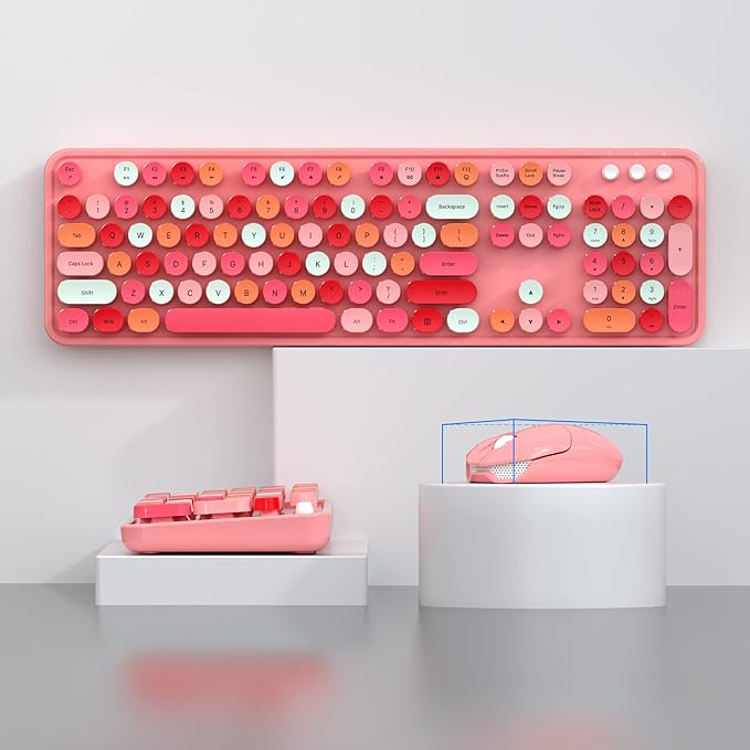 Wireless Keyboard and Mouse Combo, 104 Keys Full-Sized 2.4 GHz Round Keycap Colorful Keyboards, USB Receiver Plug and Play, for Windows, PC, Laptop, Desktop (Pink)