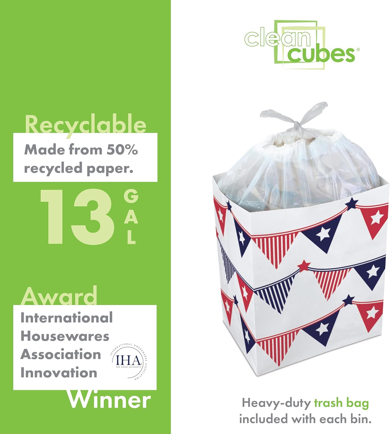 | 13 Gallon Disposable Trash Cans (3-Pack) with Fitted Trash Bags - Reusable Garbage and Recycling Bins for Parties, Events, and More (USA Flag - 17" Height x 13.5" Width x 10" Depth)