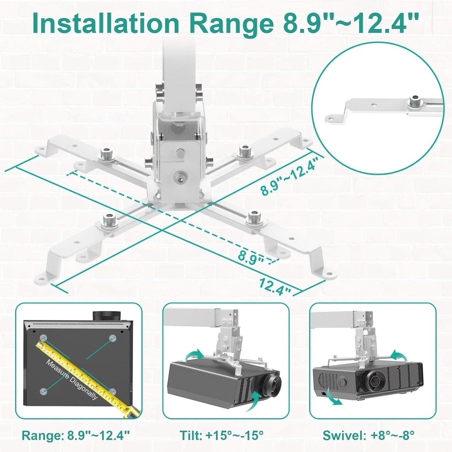 WALI Projector Mount Ceiling/Wall - Universal 3-in-1 Bracket with Extension Pole, Height Adjustable Holder for LCD/DLP Projectors, Supports up to 44lbs, White (PM-003-W)