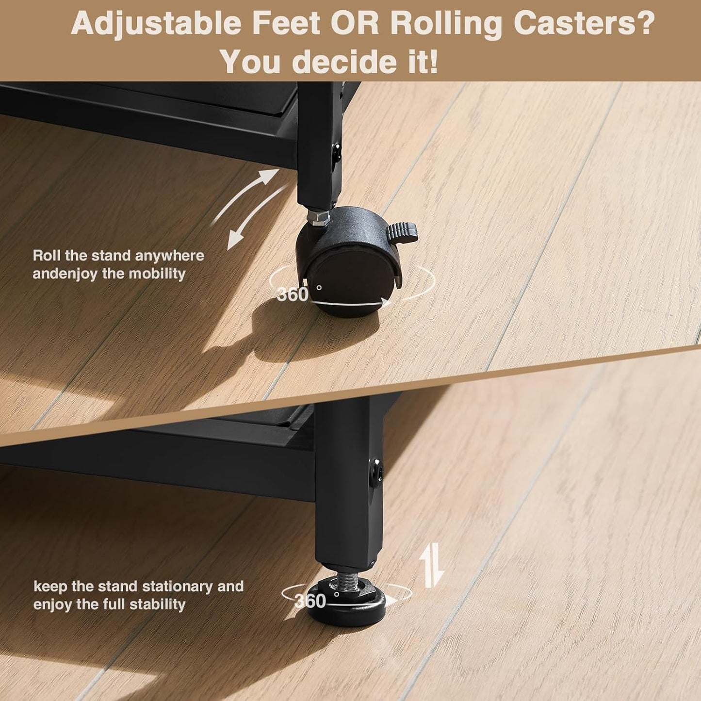 Lauren&Harold 34'' Printer Stand with Power Outlets & USB Ports, 3-Tier Adjustable Rolling Cart, Heavy Duty 150LBS Storage Table with Wheels for Office, Kitchen, Living Room, Black