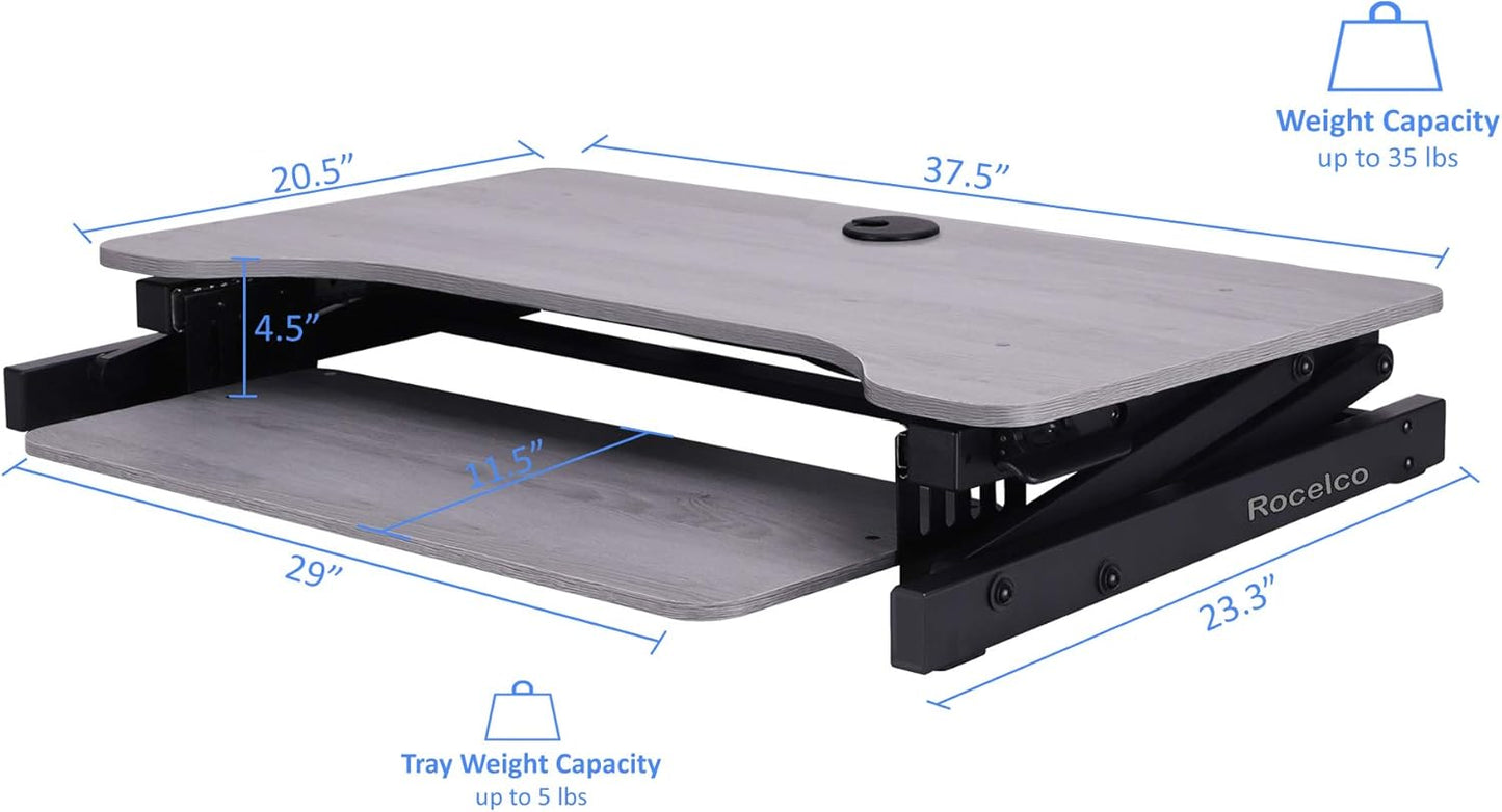 Rocelco 37.5" Height Adjustable Standing Desk Converter with Dual Monitor Mount and Slide Out Retractable Keyboard Tray - Sit Stand Up Double Screen Tabletop Riser Workstation - Gray (R DADRG-DM2)