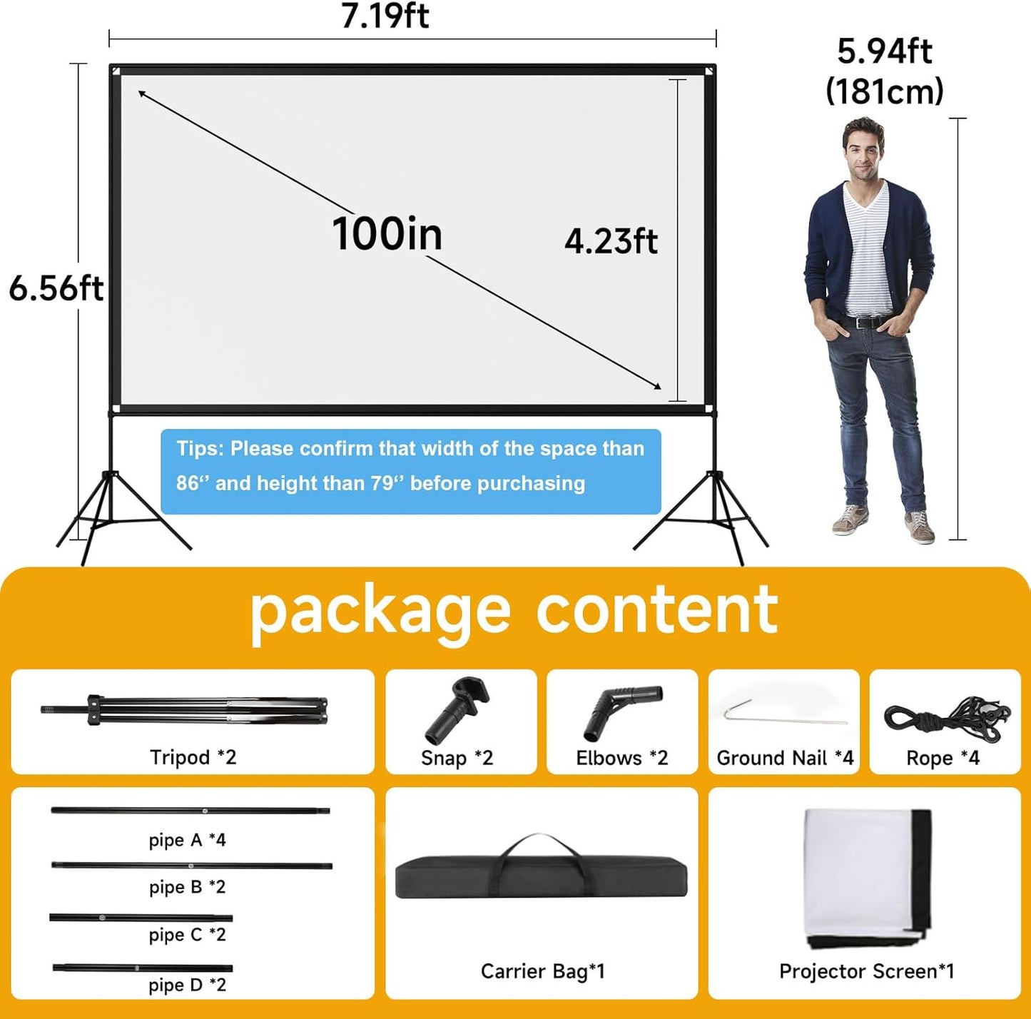 Outdoor Projector Screen with Stand, SCREENMAX 100 inch Foldable Projector Screens with Portable Carry Bag, 16:9 4k HD Rear Front Wrinkle-Free Projection Screen for Movie Night and Indoor Home Theater