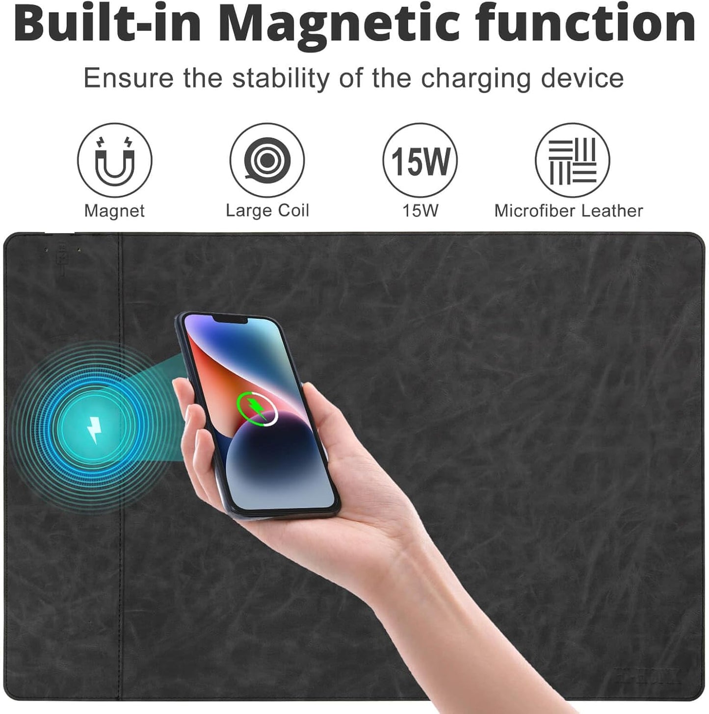 Magnetic Wireless Charging Desk Mat, Office Large Office Mouse Pad, Microfiber Leather Mouse Mat with Ultra-Smooth Surface, Waterproof Computer Keyboard Desk Mat for Office & Home, Laptop, Gray