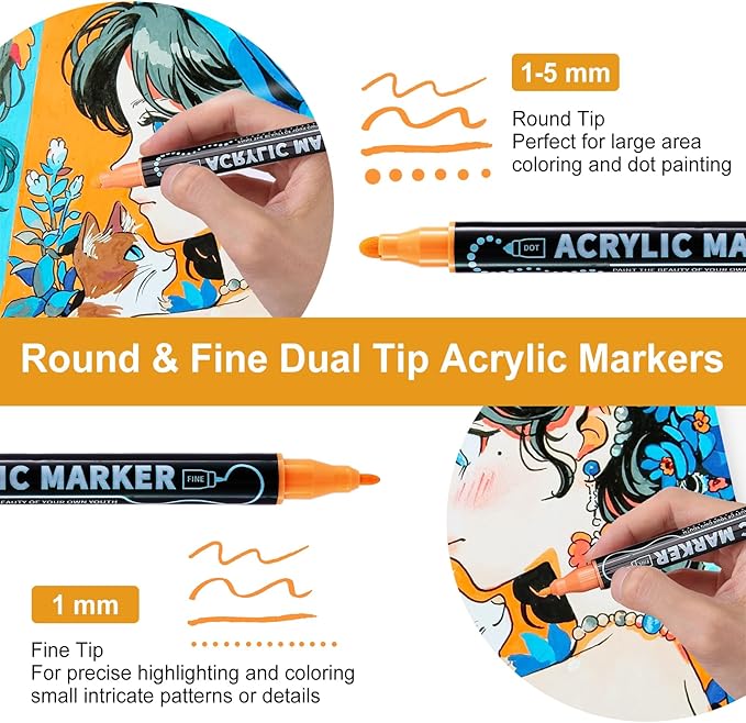 60 Colors Waterproof Dual Tip Acrylic Paint Markers, Dot & Fine Tip Premium Coloring Markers Set for Rock, Glass, Wood, Ceramic Surfaces and DIY Crafts Making Art Supplies
