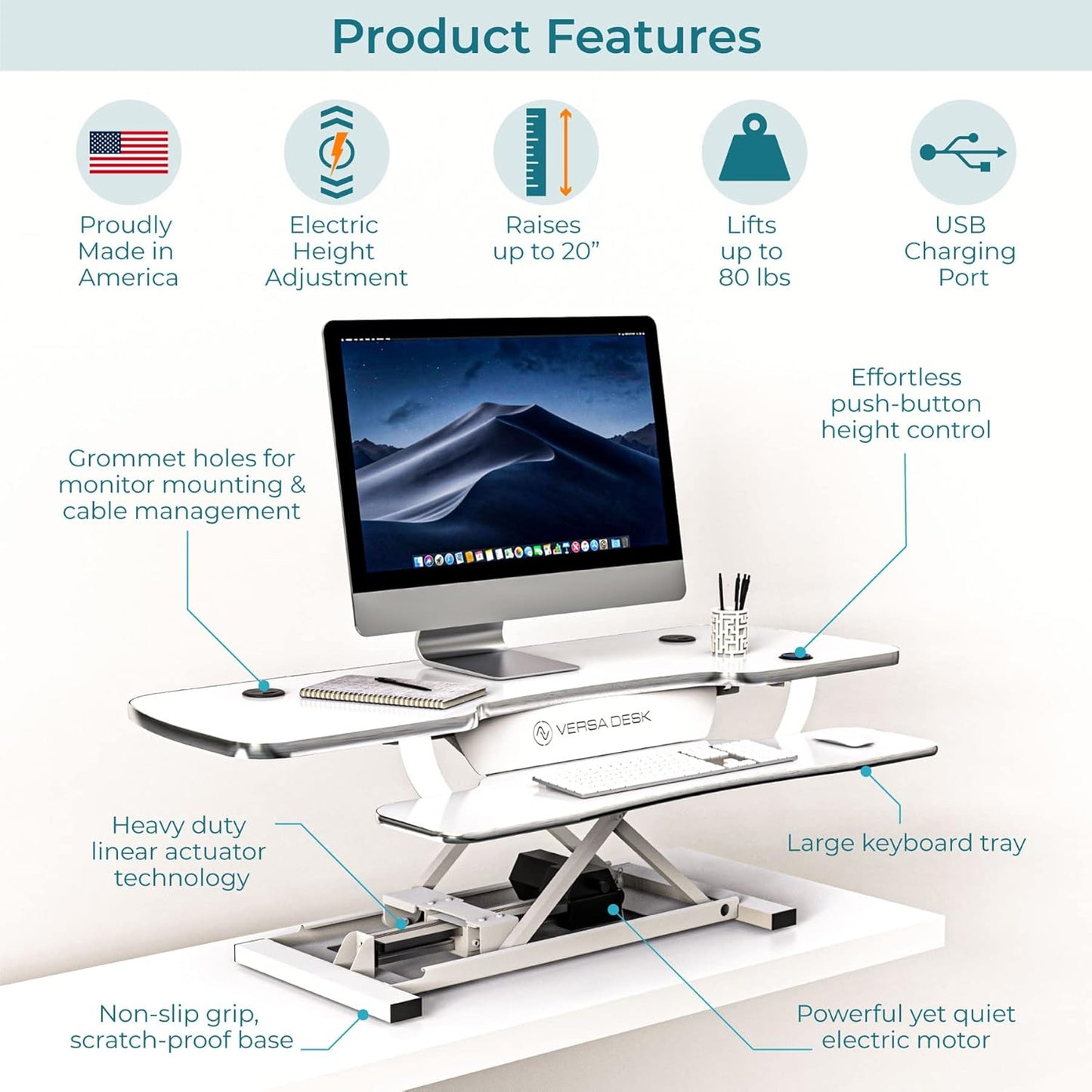 VERSADESK® PowerPro™ 48 Inch Extra Wide Standing Desk Converter, PowerPro™ Electric Height Adjustable Sit to Stand Desk Riser with Keyboard Tray, Build-in USB Charging Outlet, Hold 80 lbs, (48", White)