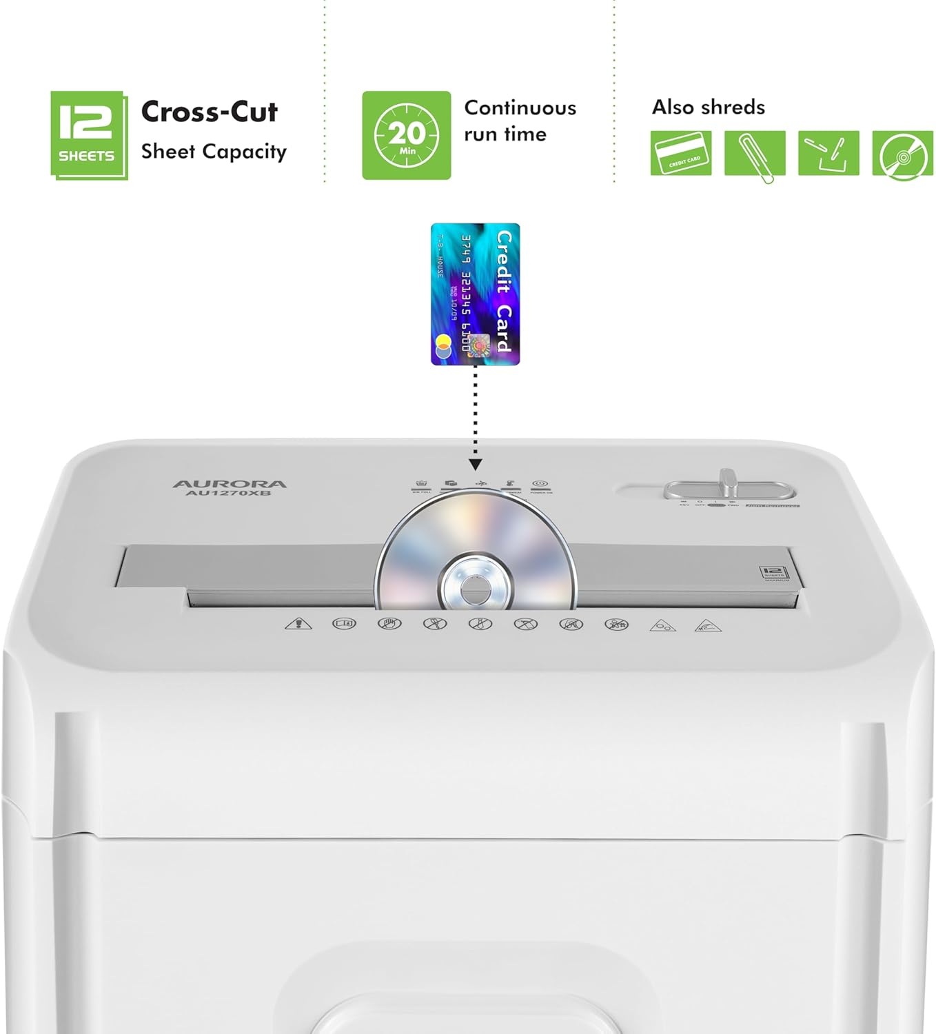 Aurora AU1270XB Professional Grade 12-Sheet Security P-4 Cross-Cut Paper and Credit Card/ 20 Minutes Continuous Run Time Shredder