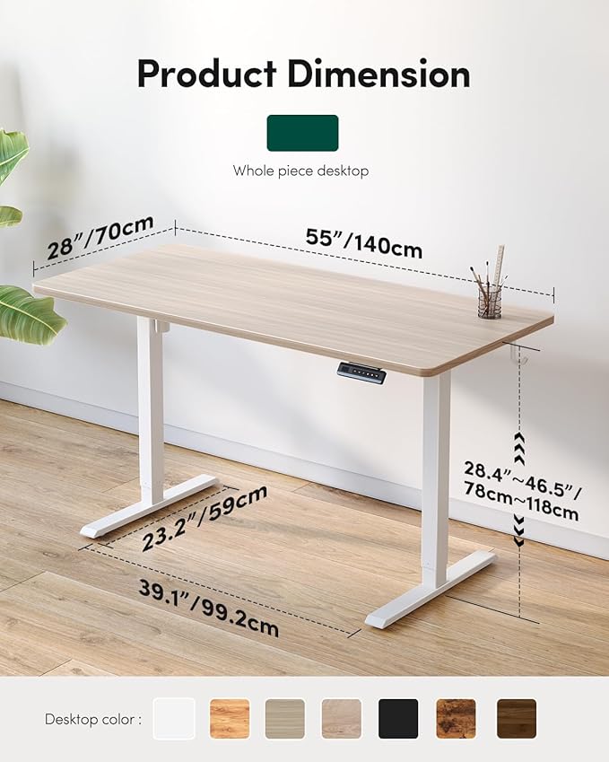 FEZIBO One-Piece Standing Desk Adjustable Height Stand up Home Office Desk, 55x24 Inch Electric Standing Computer Desk, with 4 Memory Presets, Fixable casters, Light Walnut